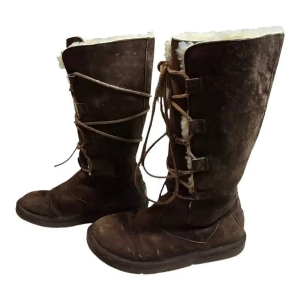 UGG‎ Whitley Tall Brown Suede Boots Lace Up Sheepskin Wool Lining Size 7
